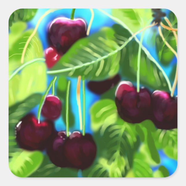 Adesivo Quadrado Cerejas Perdidos De Ramais Vermelho Cereja Verde (Frente)