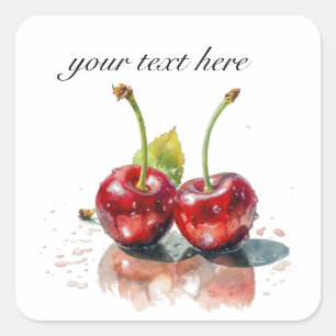 Adesivo Quadrado Cerejas Sweetheart em Aquarela, personalizado