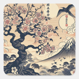 Adesivo Quadrado Cerejeira em Xilogravura Japonesa Grou Fuji