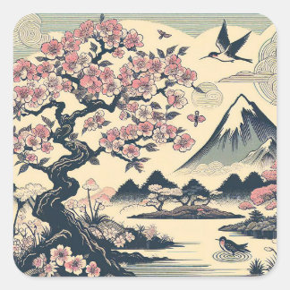 Adesivo Quadrado Cerejeira Japonesa em Xilogravura Grou Monte Fuji
