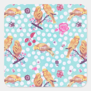 Adesivo Quadrado Cerejeira Primavera Pintada Flor de Pássaro