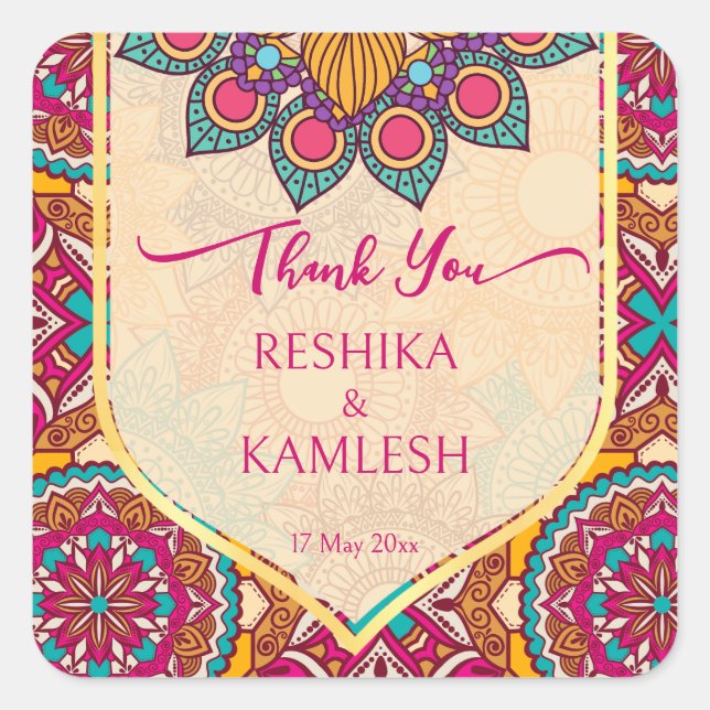 Adesivo Quadrado Cerise mandala rangoli nome personalizado do casam (Frente)