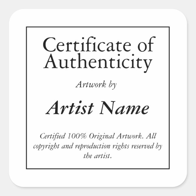Adesivo Quadrado Certificate of Authenticity Art Sticker (Frente)
