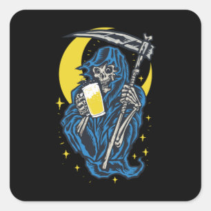 Adesivo Quadrado Cerveja de Bebendo da Grim Reaper