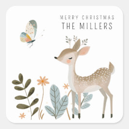 Adesivo Quadrado Cervo e Borboleta em Aquarela Minimalista