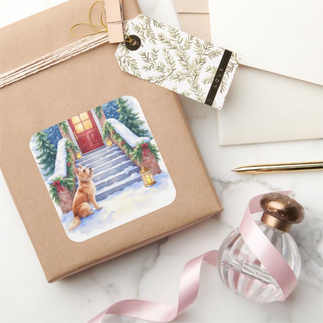 Adesivo Quadrado Cesky Terrier Snowy Staircase Christmas Art (Presentear)