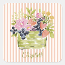 Cesta de Frutas e Flores em Aquarela sobre Listras