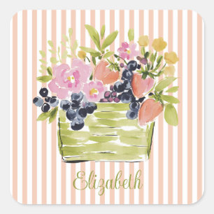 Adesivo Quadrado Cesta de Frutas e Flores em Aquarela sobre Listras