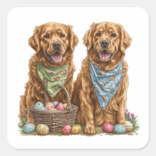 Adesivo Quadrado Cesta de Páscoa dos cães de retenção do Ouro pásco