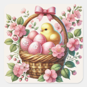 Adesivo Quadrado Cesta de Páscoa Ovos Rosa Frango Amarelo