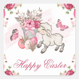 Adesivo Quadrado Cesta Floral Rosa e Cordeiro Fofo Feliz Páscoa