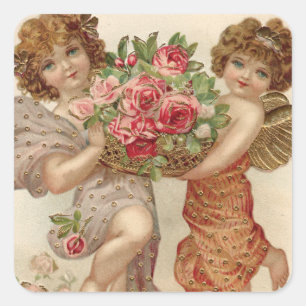 Adesivo Quadrado Cesto de Anjo Querubim Cupido Rosas Rosa