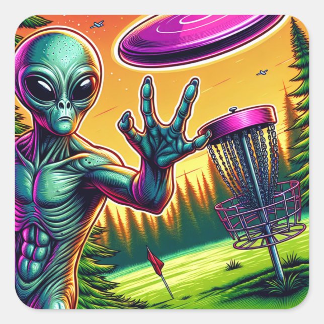 Adesivo Quadrado Cesto de pinos de golfe do disco alienígena (Frente)