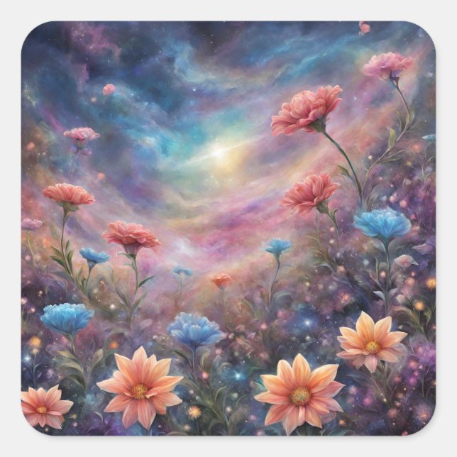 Adesivo Quadrado Céu cósmico com flores fantásticas (Frente)
