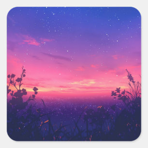 Adesivo Quadrado Céu Noturno Estrelado Sobre Campo de Flores Silves