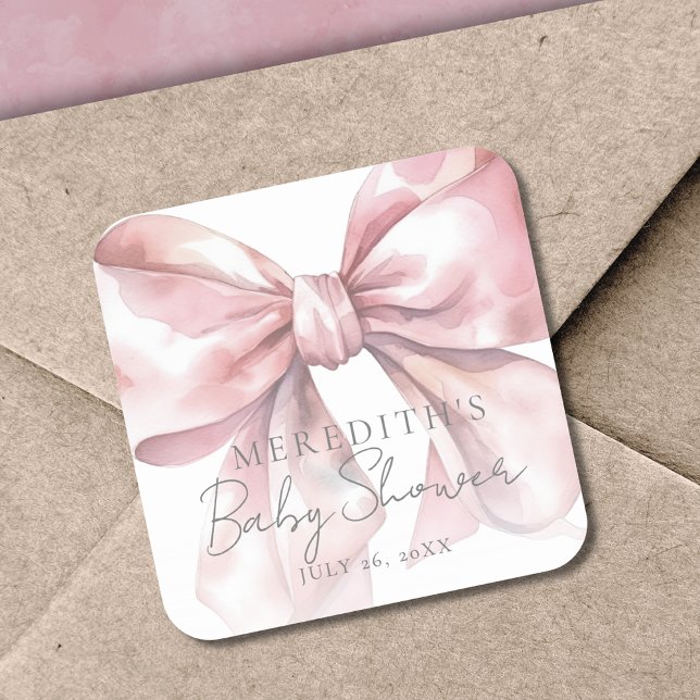 Adesivo Quadrado Chá de Bebê Arco Rosa Elegante (Elegant Pink Bow Baby Shower Square Sticker)