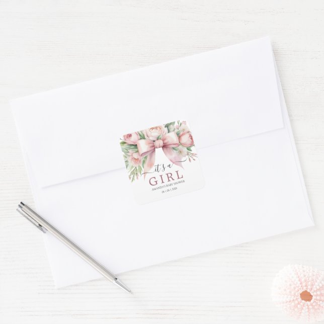 Adesivo Quadrado Chá de Bebê Arco Rosa Flores Românticas (Envelope)