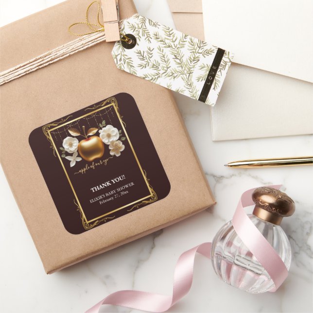 Adesivo Quadrado Chá de Bebê Bebê Maçã de Ouro Elegante (Presentear)