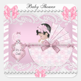 Adesivo Quadrado Chá de Bebê Bela Zebra Bebê Menina Renda Rosa