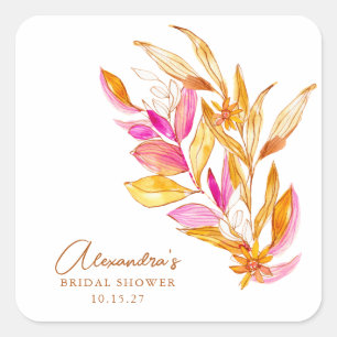 Adesivo Quadrado Chá de Bebê Boho Aquarela Botânico Rosa Dourado