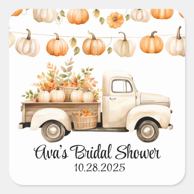 Adesivo Quadrado Chá de Bebê de Caminhão Antigo com Abóboras (Frente)