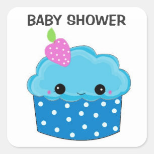 Adesivo Quadrado Chá de Bebê de Cupcake Azul