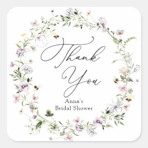 Adesivo Quadrado Chá de Bebê de Flores Silvestres de Abelha e Lavan