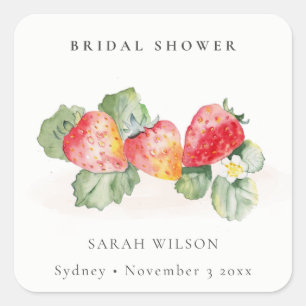 Adesivo Quadrado Chá de Bebê de Folhagem de Morango Vermelho Fofo