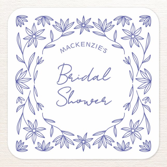 Adesivo Quadrado Chá de Bebê de Noiva Flor Silvestre Azul Mediterrâ (Modern Mediterranean floral blue and white personalized custom name bridal shower sticker)