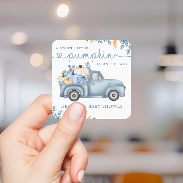 Adesivo Quadrado Chá de Bebê de Outono Azul Pequena Abóbora Doce (Criador carregado)