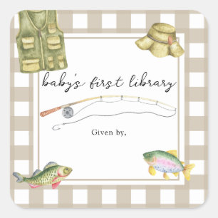 Adesivo Quadrado Chá de Bebê de Pesca - primeira biblioteca do bebê