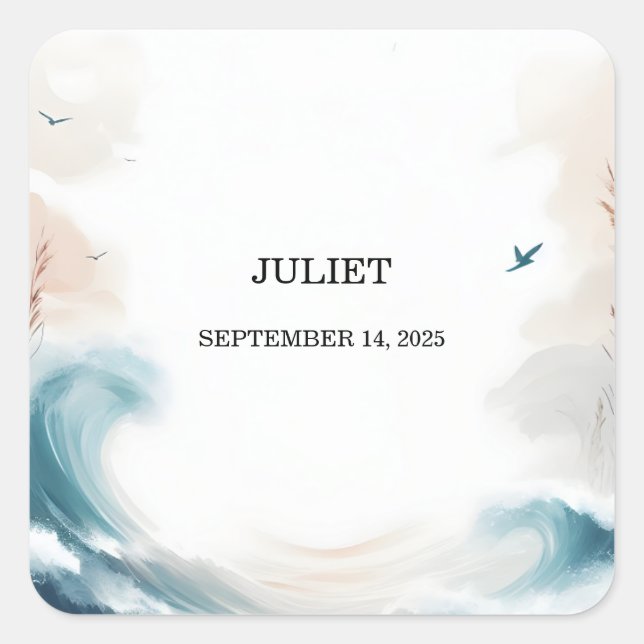 Adesivo Quadrado Chá de Bebê de Verão na Praia com Água Azul (Frente)