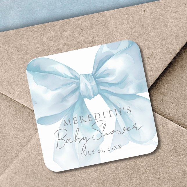 Adesivo Quadrado Chá de Bebê do Laço Azul Elegante (Elegant Blue Bow Baby Shower Square Sticker)