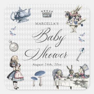 Adesivo Quadrado Chá de Bebê Dusty Blue & Pink Alice no País das Ma