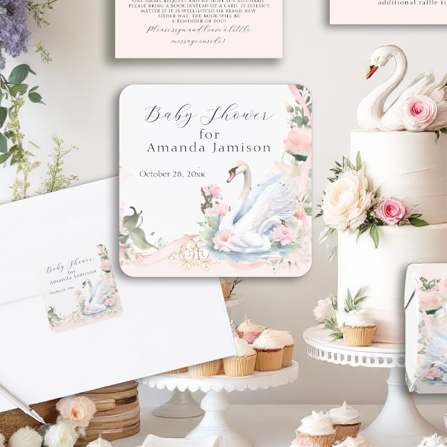 Adesivo Quadrado Chá de Bebê Elegante Cisne Rosa Floral (Criador carregado)