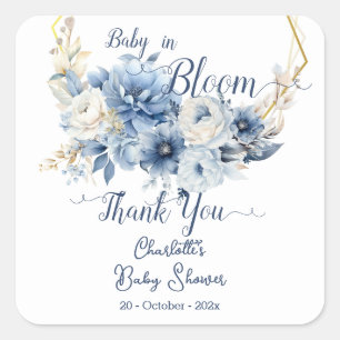 Adesivo Quadrado Chá de Bebê Elegante Flores Azuis Baby In Bloom