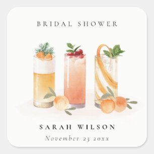 Adesivo Quadrado Chá de Bebê Elegante Frutas Cocktail Laranja