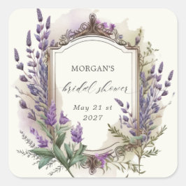 Adesivo Quadrado Chá de Bebê em Aquarela Lavanda Real