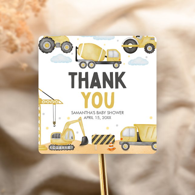 Adesivo Quadrado Chá de Bebê em Construção (Caution Baby Under Construction Baby Shower Sticker)