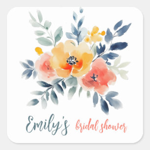 Adesivo Quadrado Chá de Bebê Floral em Aquarela Personalizado