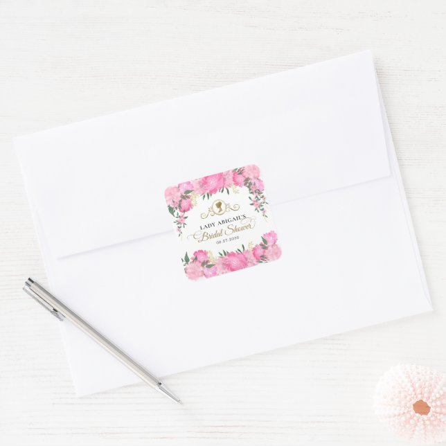 Adesivo Quadrado Chá de Bebê Floral Rosa Elegante Estilo Vitoriano (Envelope)
