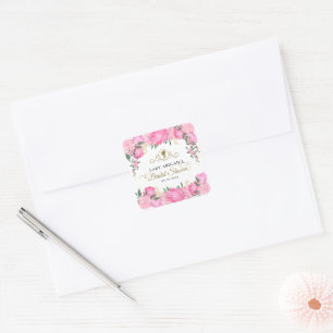 Adesivo Quadrado Chá de Bebê Floral Rosa Elegante Vitoriano