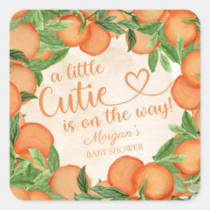 Adesivo Quadrado Chá de Bebê Laranja Little Cutie Sem Gênero