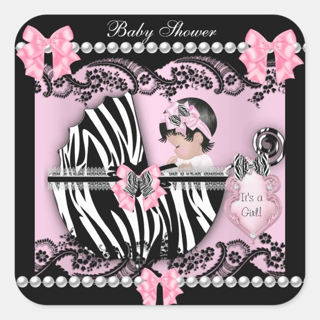 Adesivo Quadrado Chá de Bebê Menina Bebê Fofo Zebra Rosa Renda (Frente)