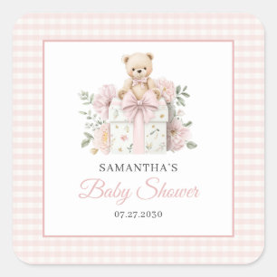 Adesivo Quadrado Chá de Bebê Menina Floral Xadrez Rosa Urso de Pelú