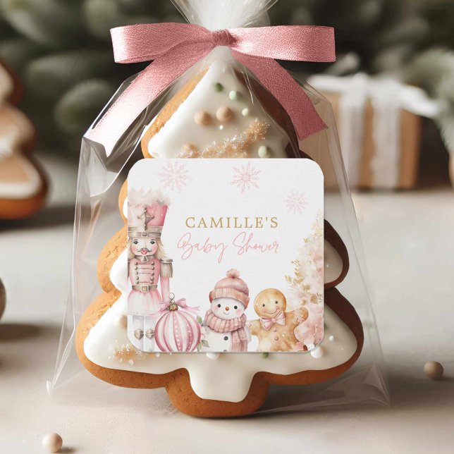 Adesivo Quadrado Chá de Bebê Menina Natal Rosa (Pink Winter Baby shower sticker)