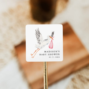 Adesivo Quadrado Chá de Bebê Menina Stork Aquarela Rosa