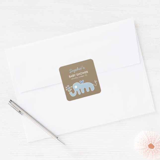 Adesivo Quadrado Chá de Bebê Menino Amor Elefante Azul Caprichoso (Envelope)