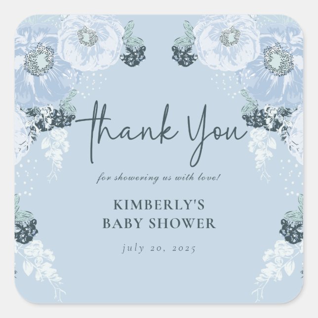 Adesivo Quadrado Chá de Bebê Menino com Flores Azuis (Frente)