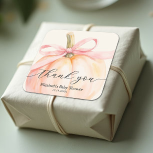 Adesivo Quadrado Chá de Bebê Pequena Abóbora com Laço Rosa